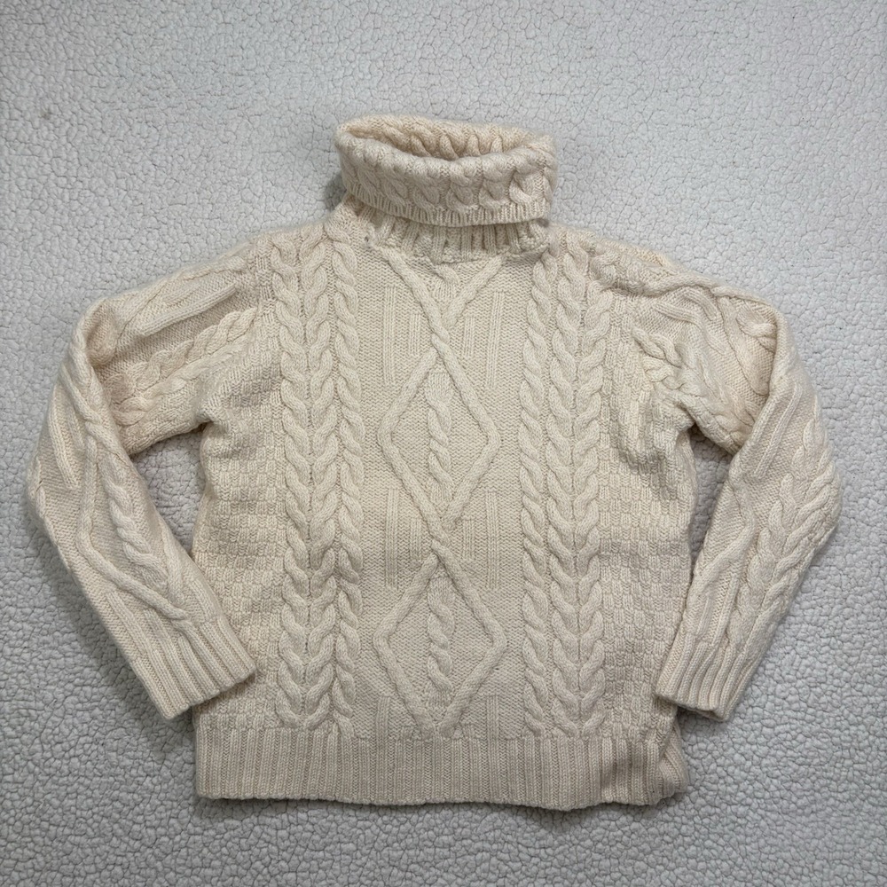 Inis Crafts 100% Merino Wool Aran Cable Knit Turtleneck Sweater Womens M Cream
